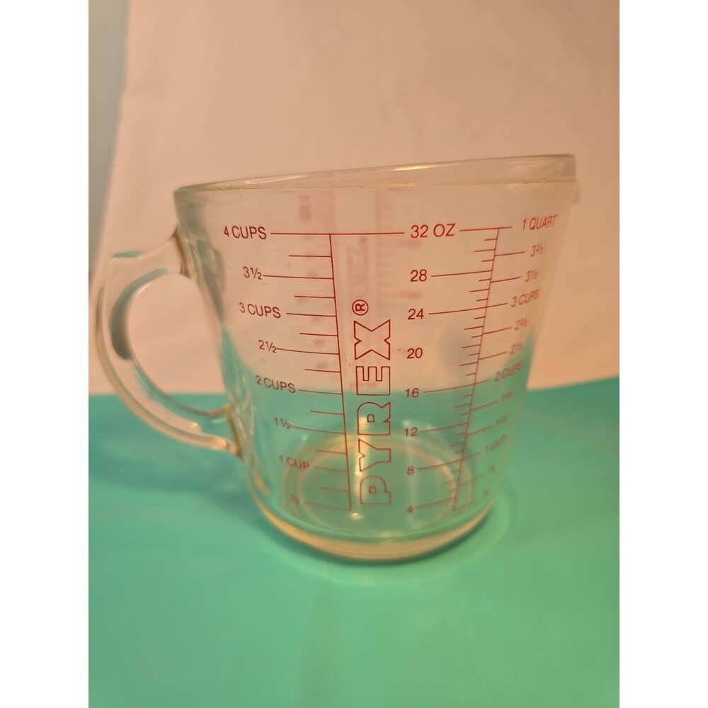 Late70s Pyrex 4-Cup / 1,000 ml Glass Measuring Cup Red Letters D-Handle USA #532